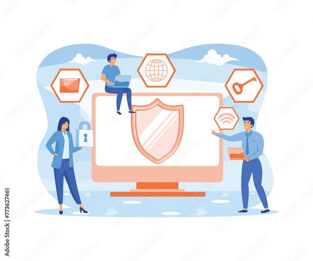 Poster data protection privacy concept. confidential and safe internet technologies with characters using c