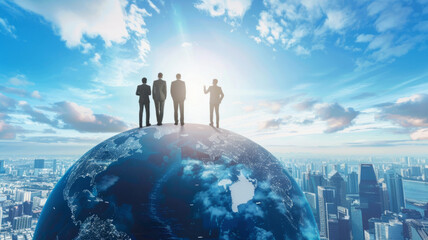 Business Team on Top of the World - A concept image of a business team standing atop a globe overlooking a cityscape under a bright sky.