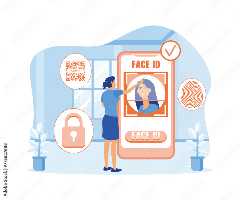 Poster face recognition and data safety. mobile phone users getting access to data after biometrical checki