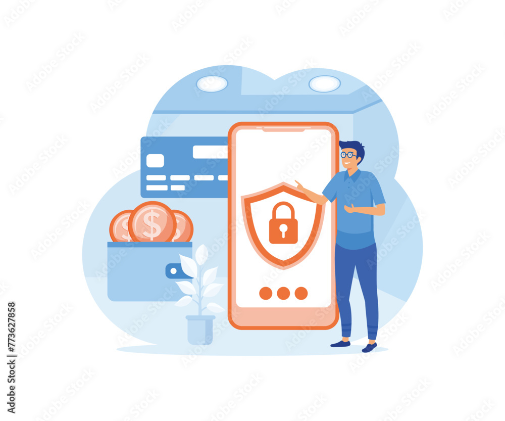 Aufkleber mobile data protection concept with guard character protect smartphone with lock on screen. internet