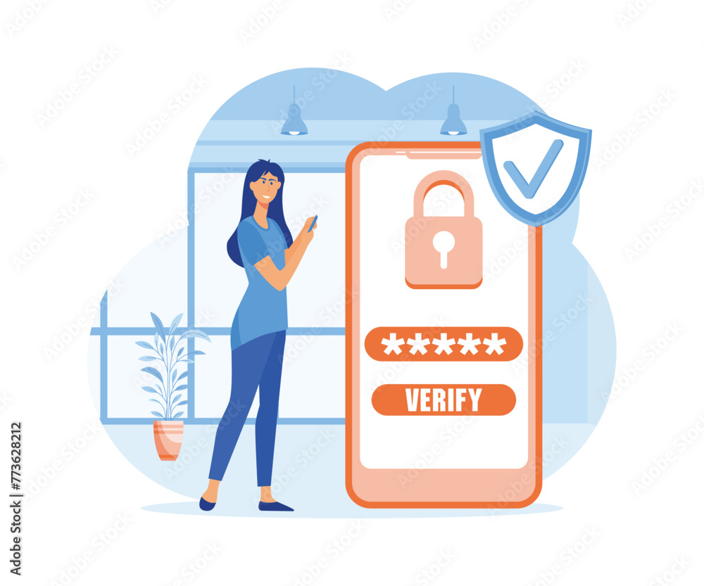 Poster woman using security otp one time password verification for mobile app on smartphone screen. flat ve