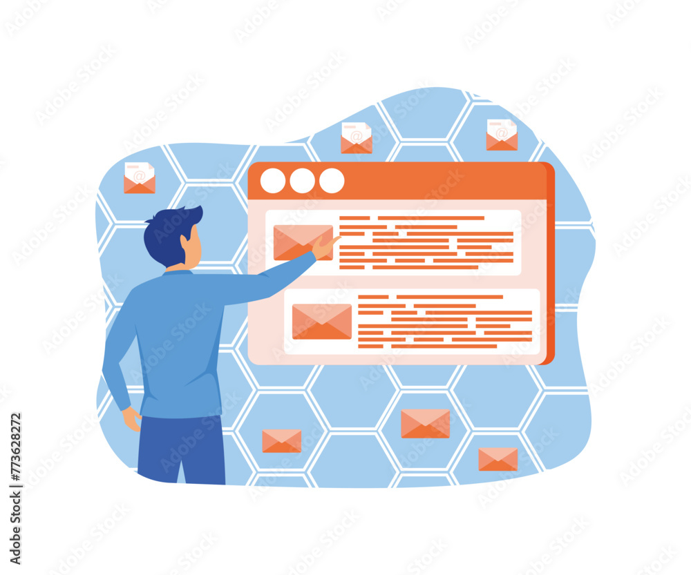 Poster mail service concept. man on browser screen checking mailbox online. flat vector modern illustration