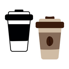 Disposable colorful and black and white coffee cup with lid and label. Set of 2. Logo. Icon. Sticker