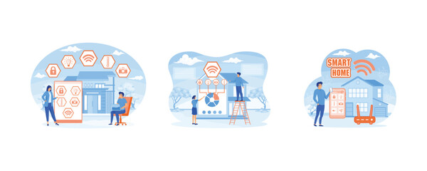 Business people controlling smart house devices with tablet and laptop. Smart home with cognitive intelligence concept. Smart home application concept. Set flat vector modern illustration