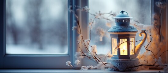 The lantern is placed on the edge of a windowsill, casting a warm glow in the room