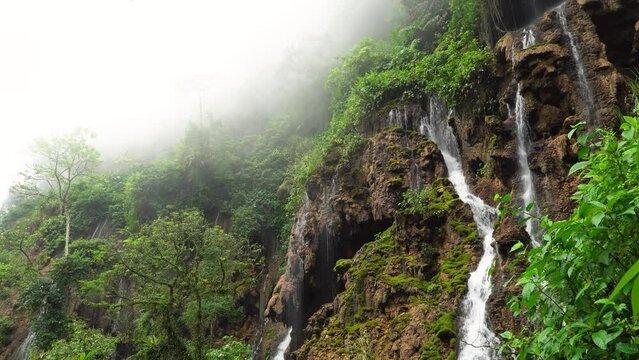 A waterfall cascades down rocks surrounded by trees in a forest setting