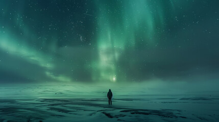 A lone figure standing in a vast expanse of snow gazing up at the hypnotizing display of the Northern Lights streaked across the midnight . . - obrazy, fototapety, plakaty