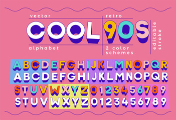 cool 90s retro alphabet effect - vibrant vector typography typeface font letters and numbers with two different color schemes. Pop magazine inspired nineties