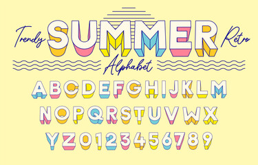 trendy summer retro 3d alphabet effect set – colorful pastel font typeface typography for seasonal design with blue vintage outline