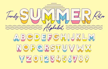 Foto auf Glas trendy summer retro 3d alphabet effect set – colorful pastel font typeface typography for seasonal design with blue vintage outline © Pedro