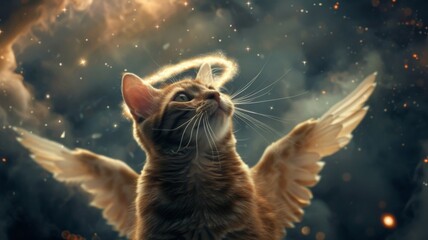 Joyful kitten with wings looking up - A joyful kitten with delicate angel wings and a subtle halo looks upwards, surrounded by a celestial atmosphere of light and sparks
