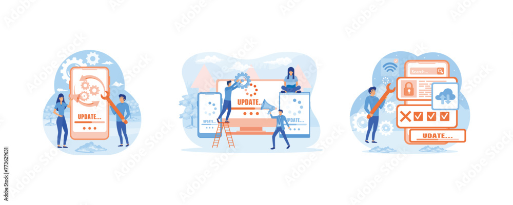 Poster software update people for mobile app design. update software mini people work with upgrade system. 