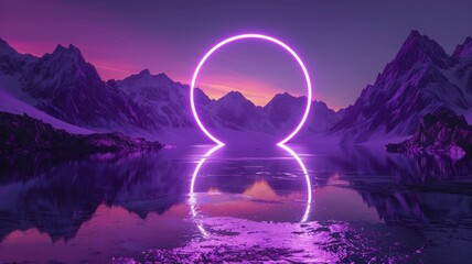 Neon Circle in Snowy Mountain Landscape - A surreal scene with a neon pink circle over a reflective, icy lake amidst snowy mountains at dusk.