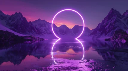 Papier Peint photo Violet Neon Circle in Snowy Mountain Landscape - A surreal scene with a neon pink circle over a reflective, icy lake amidst snowy mountains at dusk.