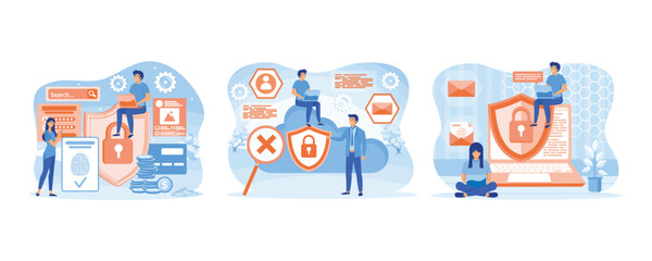 Data protection concept. Man holding security shield and developer using laptop. Safety and confidential data protection. Set flat vector modern illustration