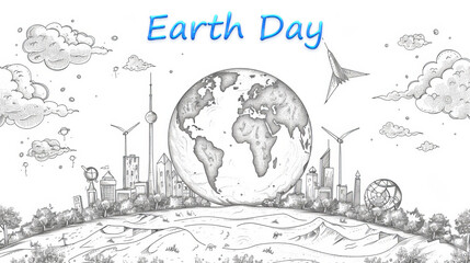 Drawing in the style of line art on the theme of saving the earth and the planet with copy space

