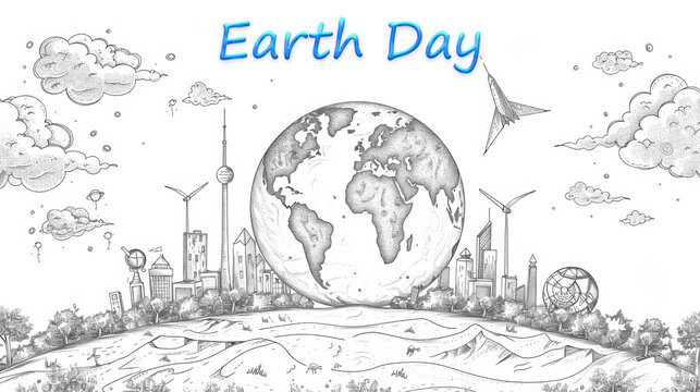 Drawing in the style of line art on the theme of saving the earth and the planet with copy space
