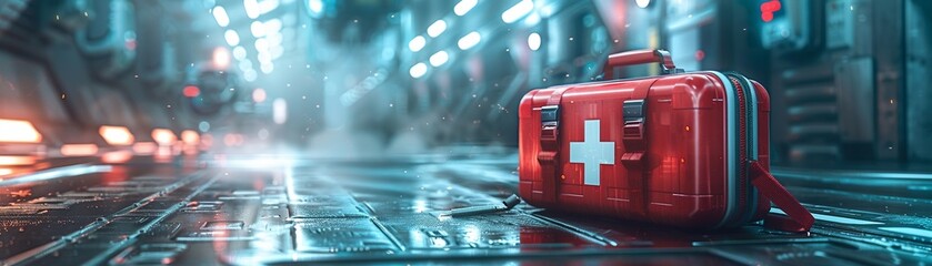 A visual representation of the concept of First Aid Kit, set against a futuristic backdrop, emphasizing its importance in a medical context  - obrazy, fototapety, plakaty