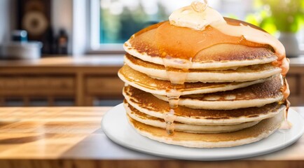 Tasty fresh pancakes with honey on plate
