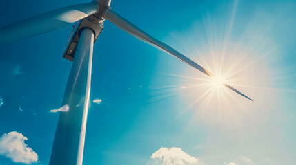 A wind turbine is standing tall in the sky, with the sun shining brightly on it. Concept of energy and power, as the wind turbine harnesses the sun's energy to generate electricity - obrazy, fototapety, plakaty
