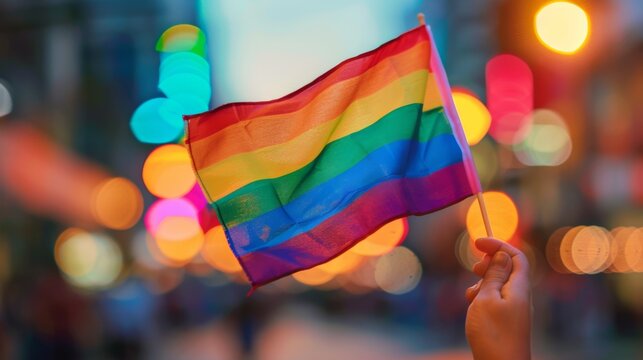 Rainbow flags showing in hands human rights and to celebrate lgbtq+ in pride month