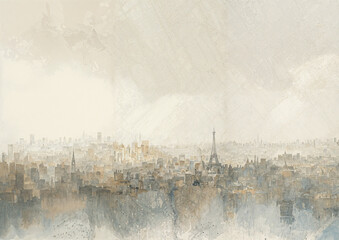 Soft realistic watercolor painting of French France Paris Skyline, soft tones, atmospheric artwork, with the Eiffel Tower.