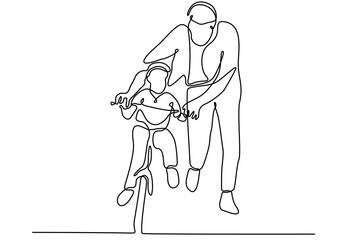 one line drawing of father helping child to drive bicycle