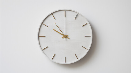 A minimalistic white wall clock with golden markers.