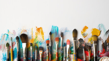 An array of paintbrushes with vibrant paint strokes on a white background. - obrazy, fototapety, plakaty