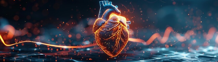 3D holographic heart with dynamic heartbeat line, high-tech lab, - obrazy, fototapety, plakaty