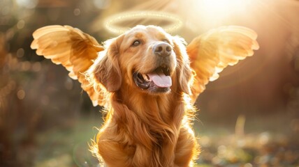 Sun-kissed Golden Retriever as a sweet angel - A Golden Retriever gleefully showcases its angelic side with ethereal wings and a golden halo amidst sunlit surroundings - obrazy, fototapety, plakaty