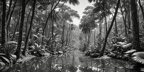 Serene black and white image capturing the lush jungle flora reflected in still waters