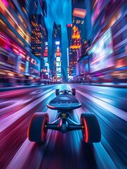 Electric skateboard speeding through a futuristic cityscape, neon lights, low angle view, dynamic motion blur , clean sharp focus - obrazy, fototapety, plakaty