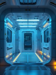 Futuristic biohazard containment unit, sleek and modern design, soft blue lighting, eyelevel view , clean sharp focus