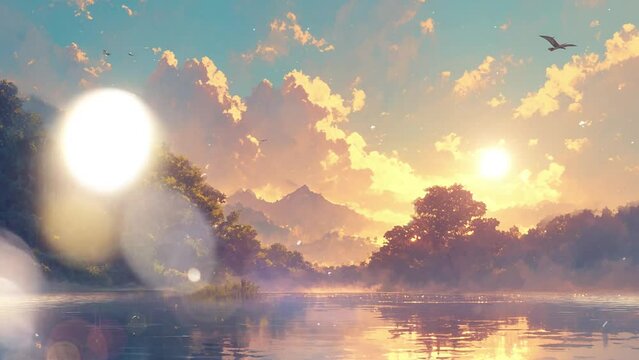hyper realistic 2d render of a serene mountain lake. seamless looping overlay 4k virtual video animation background