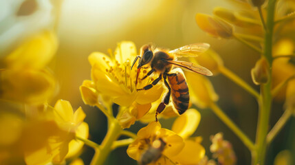 A bee is flying over a yellow flower. The bee is surrounded by sunlight, which makes the scene look warm and inviting