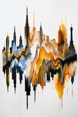 Abstract watercolour wash painting of the skyline of Paris. Flowing marbled vibrant watercolor painting on thick white paper.