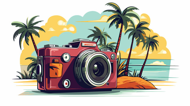 Camera with vacation travel icons image flat cartoo