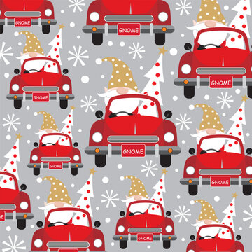 Christmas seamless pattern with gnome and tree on the car