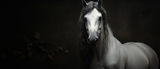A black horse is standing in a dimly lit room with a dark background, creating a mysterious and moody atmosphere