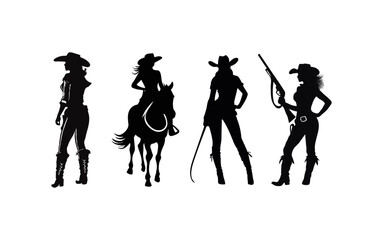Set of silhouettes cowgirl silhouette wearing cowboy hat, leather clothing and boots, the digital art vector is featuring cowboy life in wild west town.