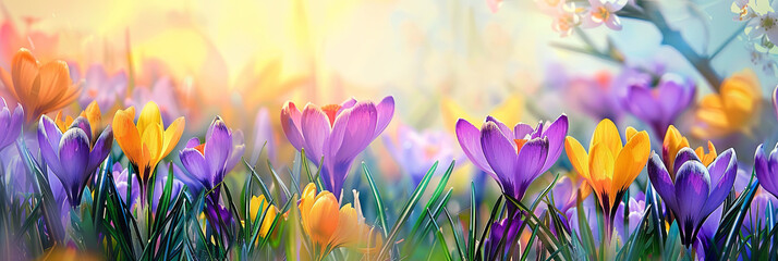 colorful crocuses in the meadow, generative AI - obrazy, fototapety, plakaty