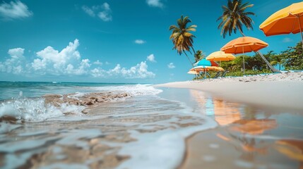 A serene beach scene with colorful beach umbrellas dotted along the sandy shore, set against a dreamy background of palm trees swaying in the breeze
