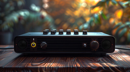 A black electronic device with a yellow button on the front. The device is sitting on a wooden table - obrazy, fototapety, plakaty