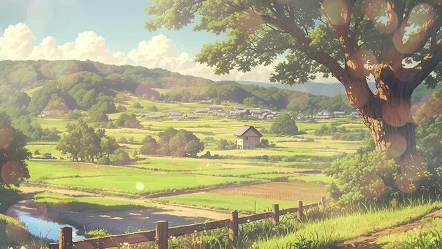a tranquil countryside in cartoon anime illustration style. 2d render. seamless looping overlay 4k virtual video animation background