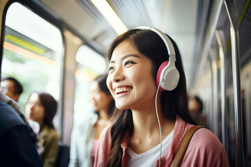 Smiling young person listening to music song singer rock band in headphones earphones, choosing...