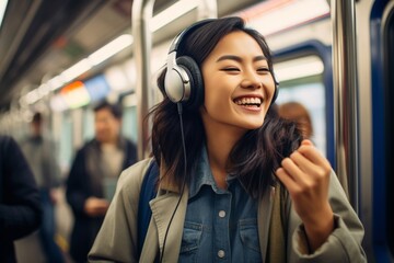 Smiling young person listening to music song singer rock band in headphones earphones, choosing...