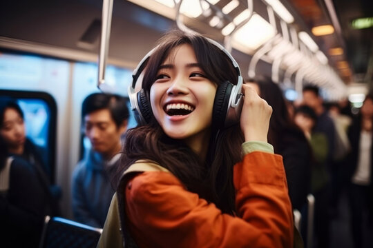 Smiling young person listening to music song singer rock band in headphones earphones, choosing sound track on cellphone isolated in Train Subway tube background.