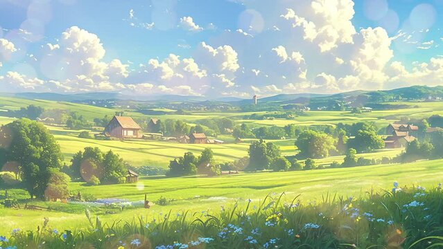 beautiful countryside on sunny day in cartoon anime illustration style. 2d render. seamless looping overlay 4k virtual video animation background