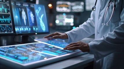 A healthcare professional interacting with futuristic medical technology and diagnostic screens in a high-tech, modern hospital setting.